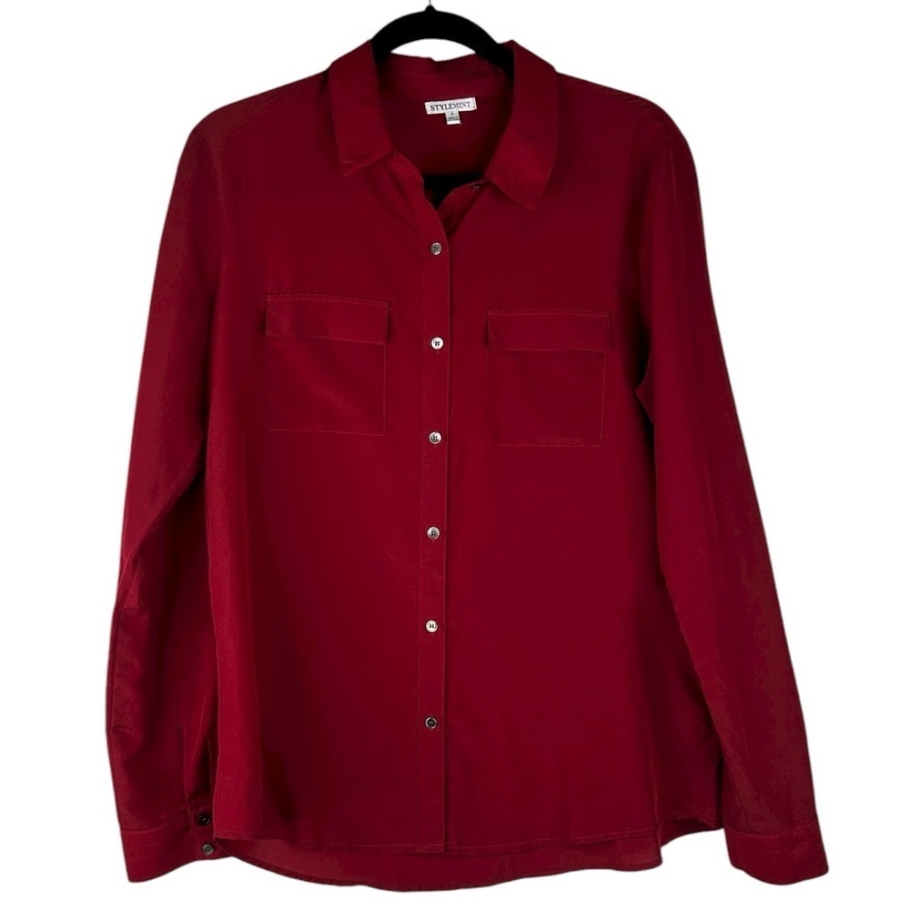 StyleMint Burgundy Classic Business Minimalist Button Down Top‎ Size 2 Small